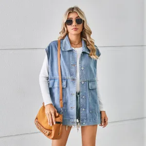 Lapel Collar Front Flap Pocket Button Up Sleeveless Denim Jacket