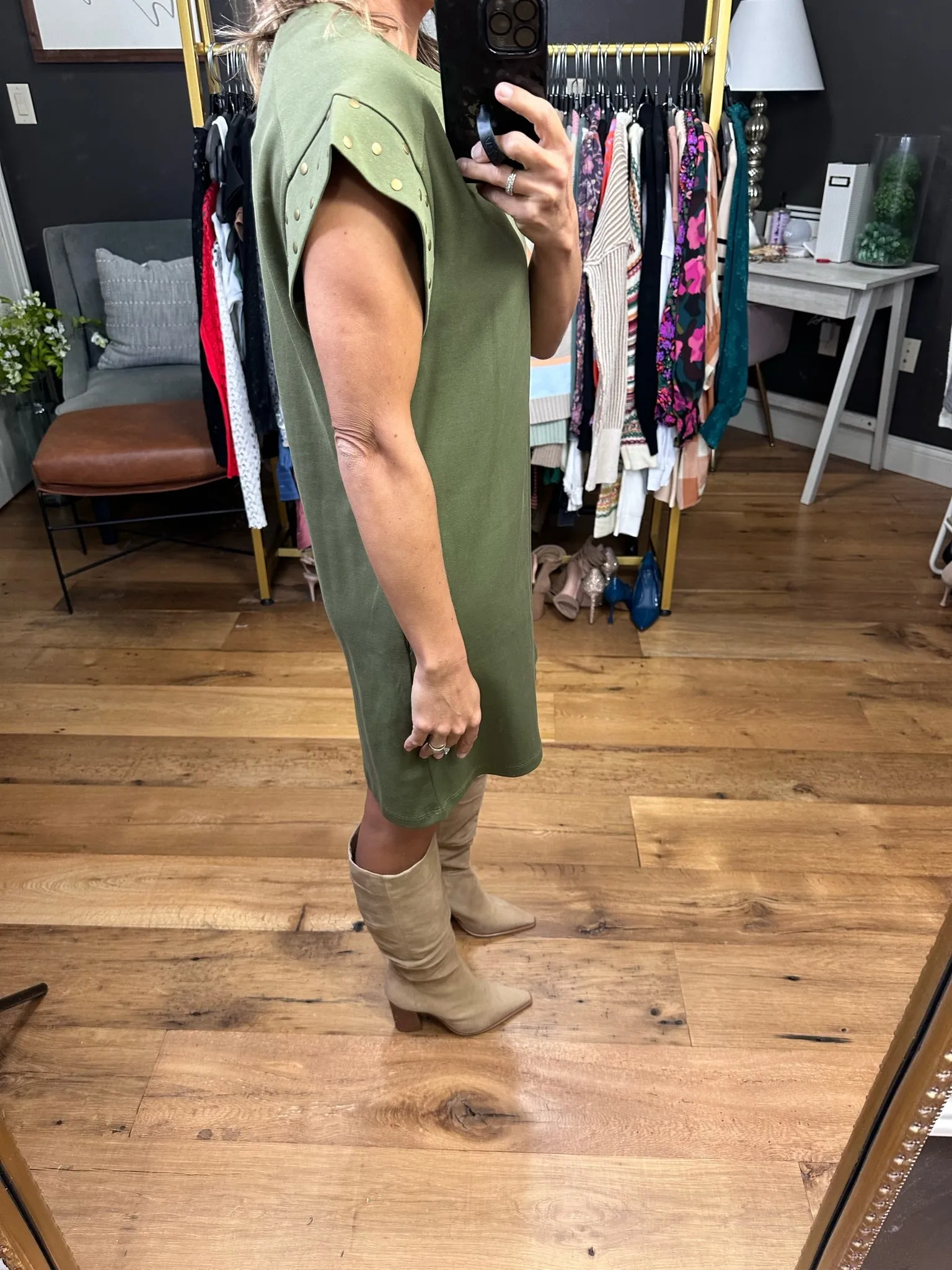 Make It A Moment Studded Sleeve Dress With Pockets - Olive