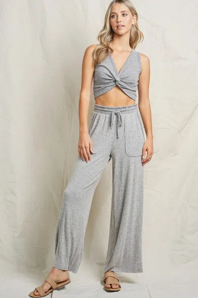 Maronie Grey Lounge Set | Twist Front Top   Wide Leg Pants