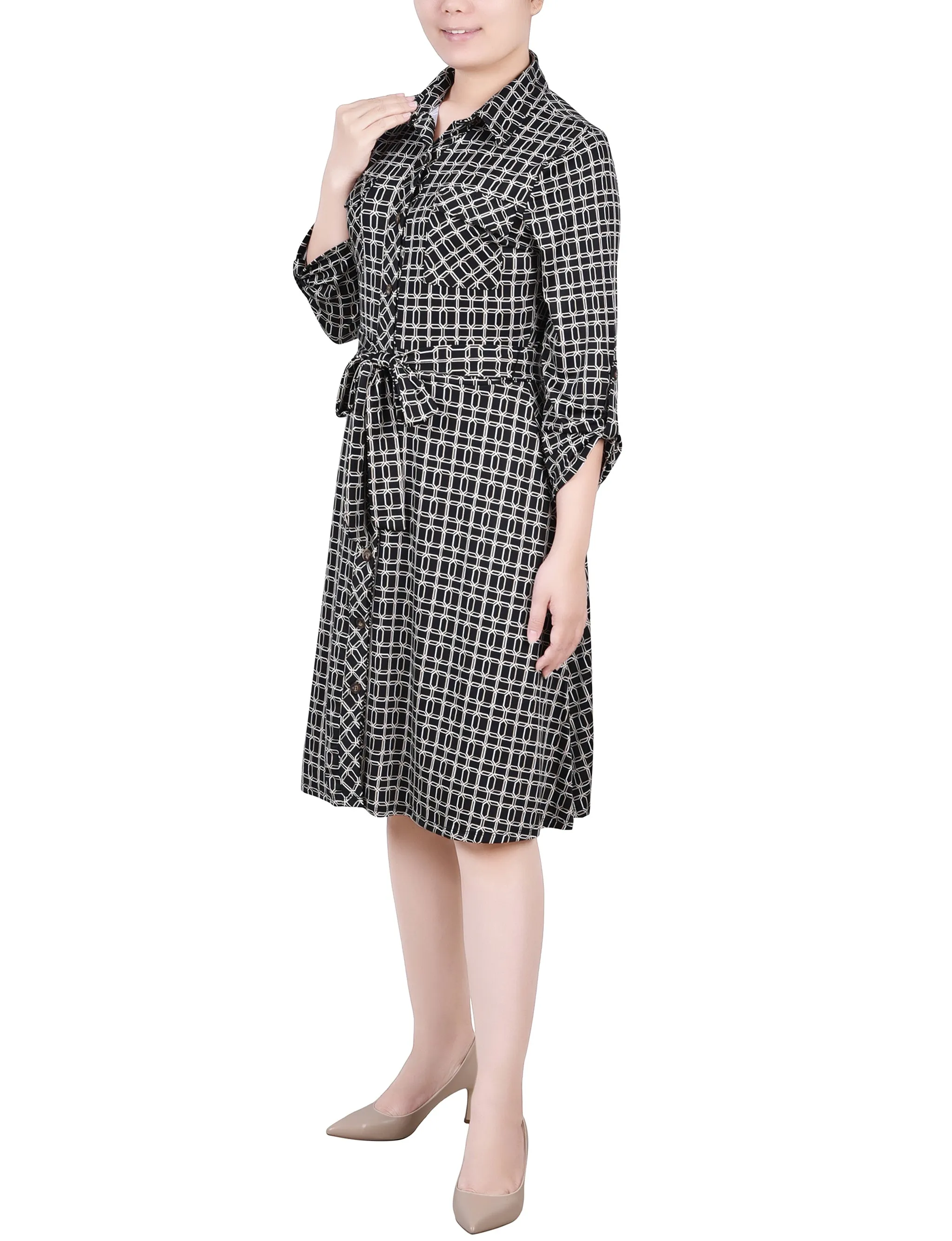 Petite 3/4 Slv Roll Tab Shirtdress