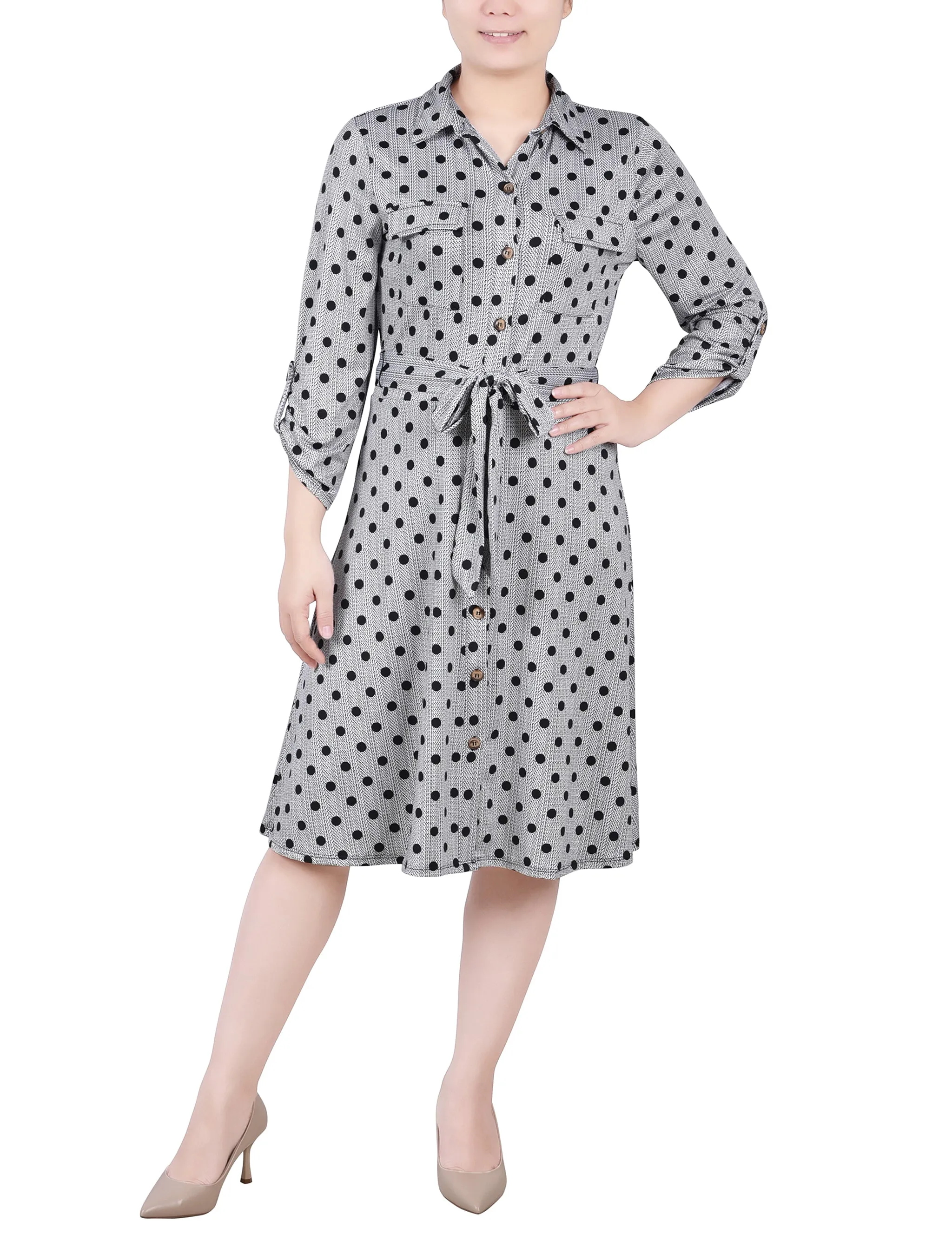 Petite 3/4 Slv Roll Tab Shirtdress