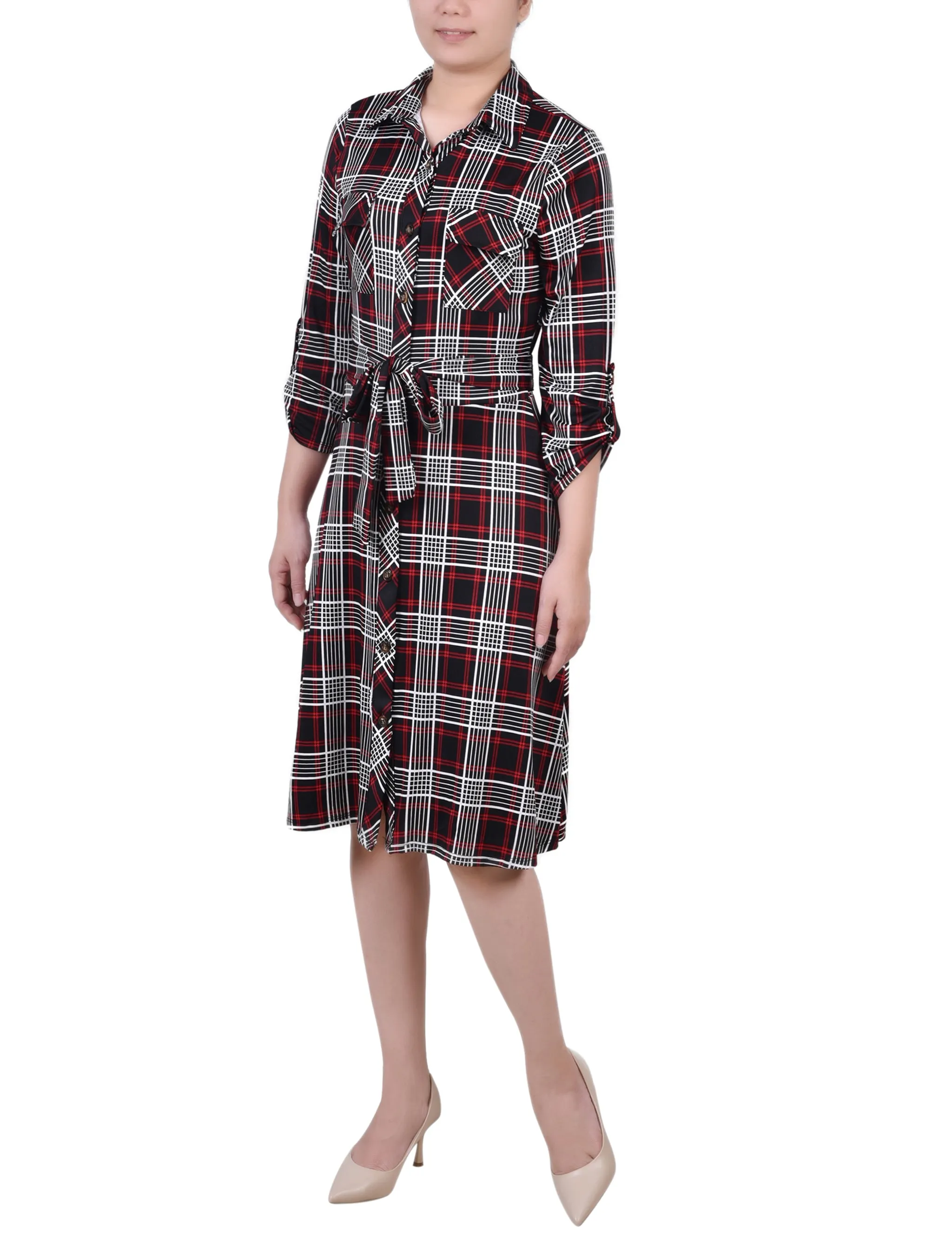 Petite 3/4 Slv Roll Tab Shirtdress