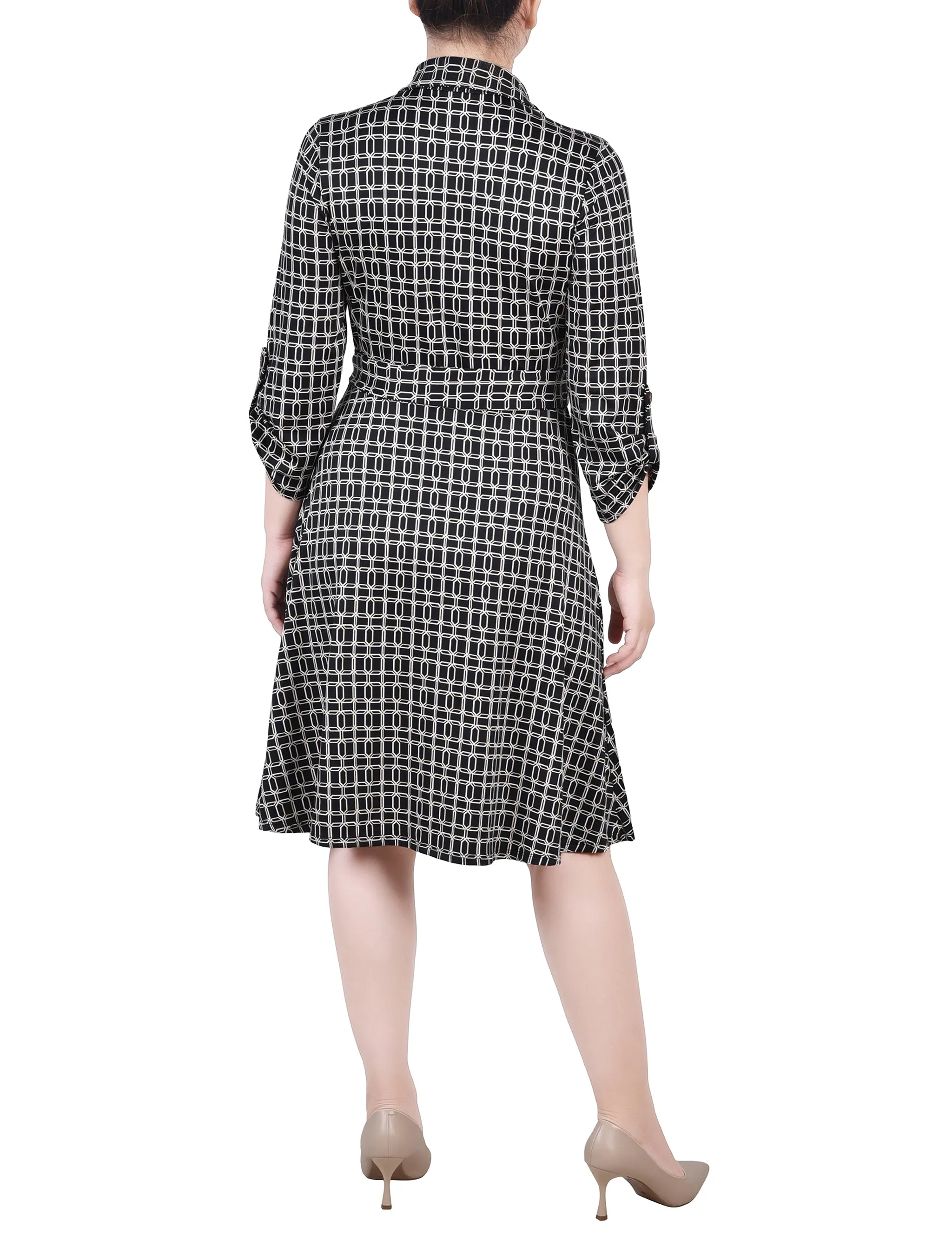 Petite 3/4 Slv Roll Tab Shirtdress