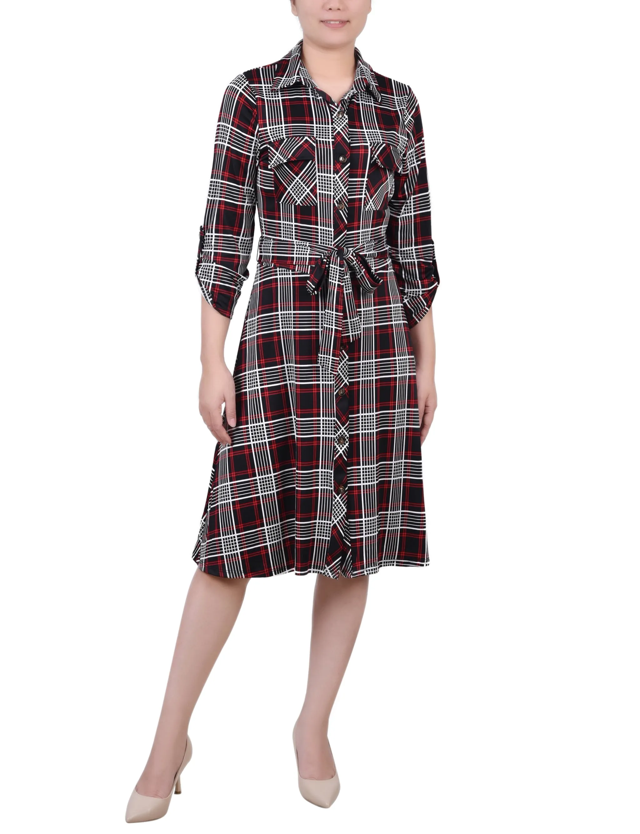 Petite 3/4 Slv Roll Tab Shirtdress