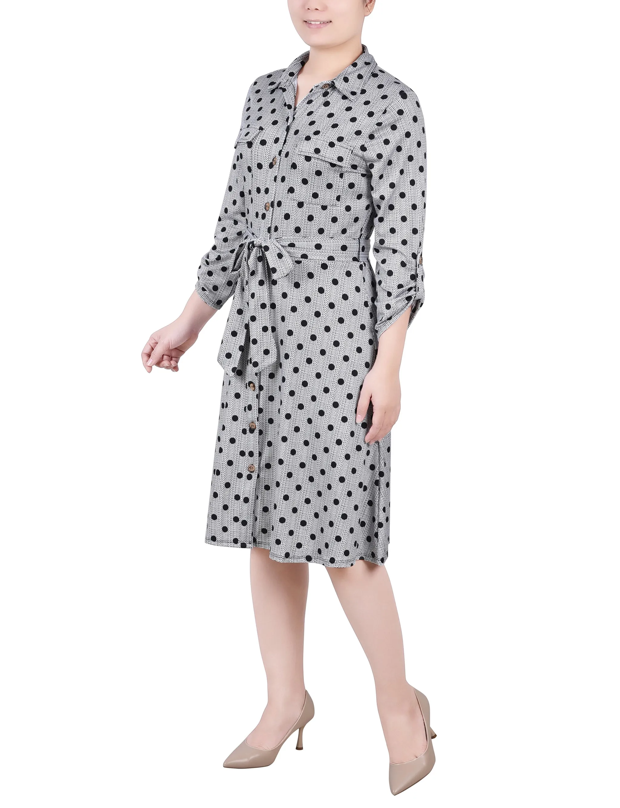 Petite 3/4 Slv Roll Tab Shirtdress