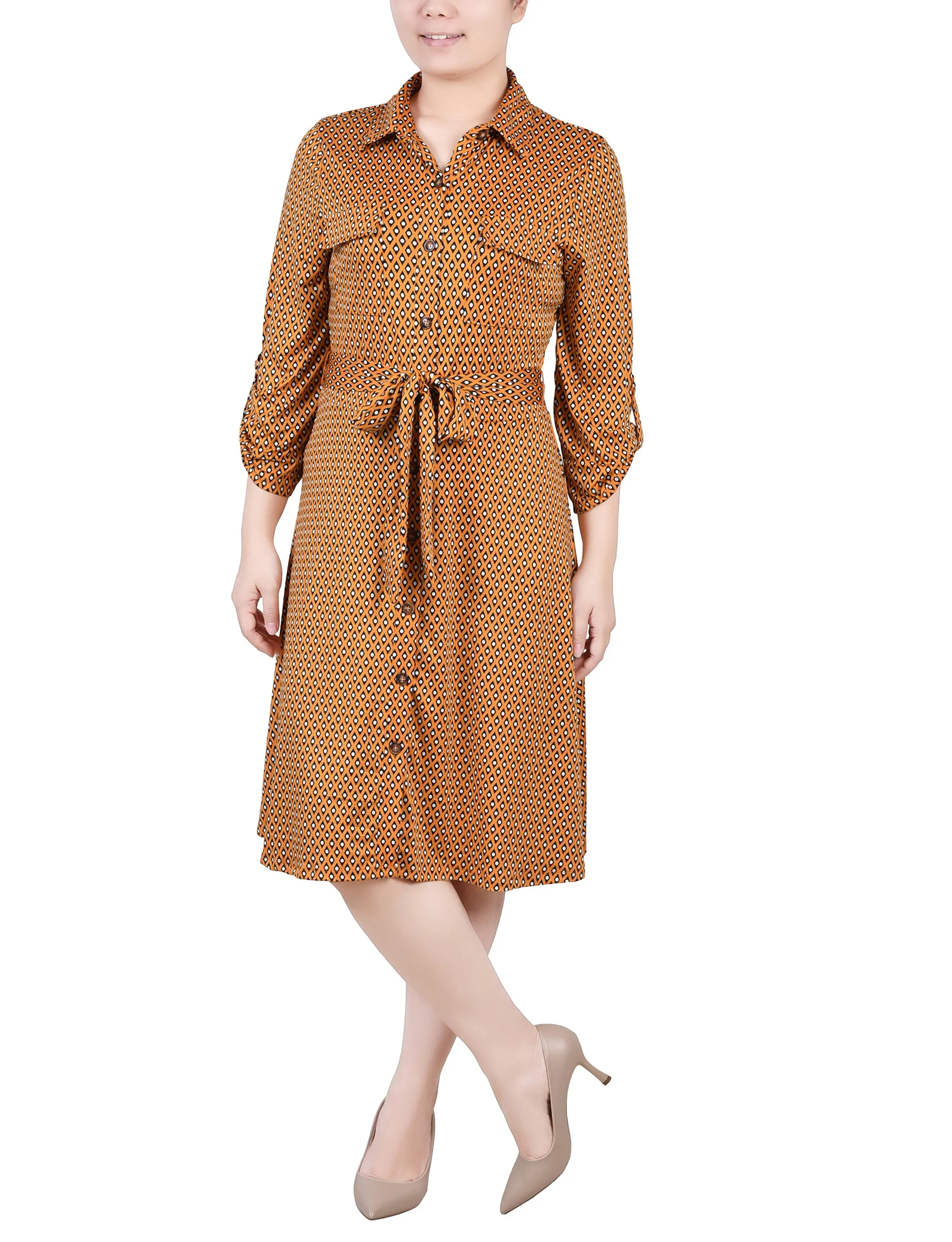 Petite 3/4 Slv Roll Tab Shirtdress