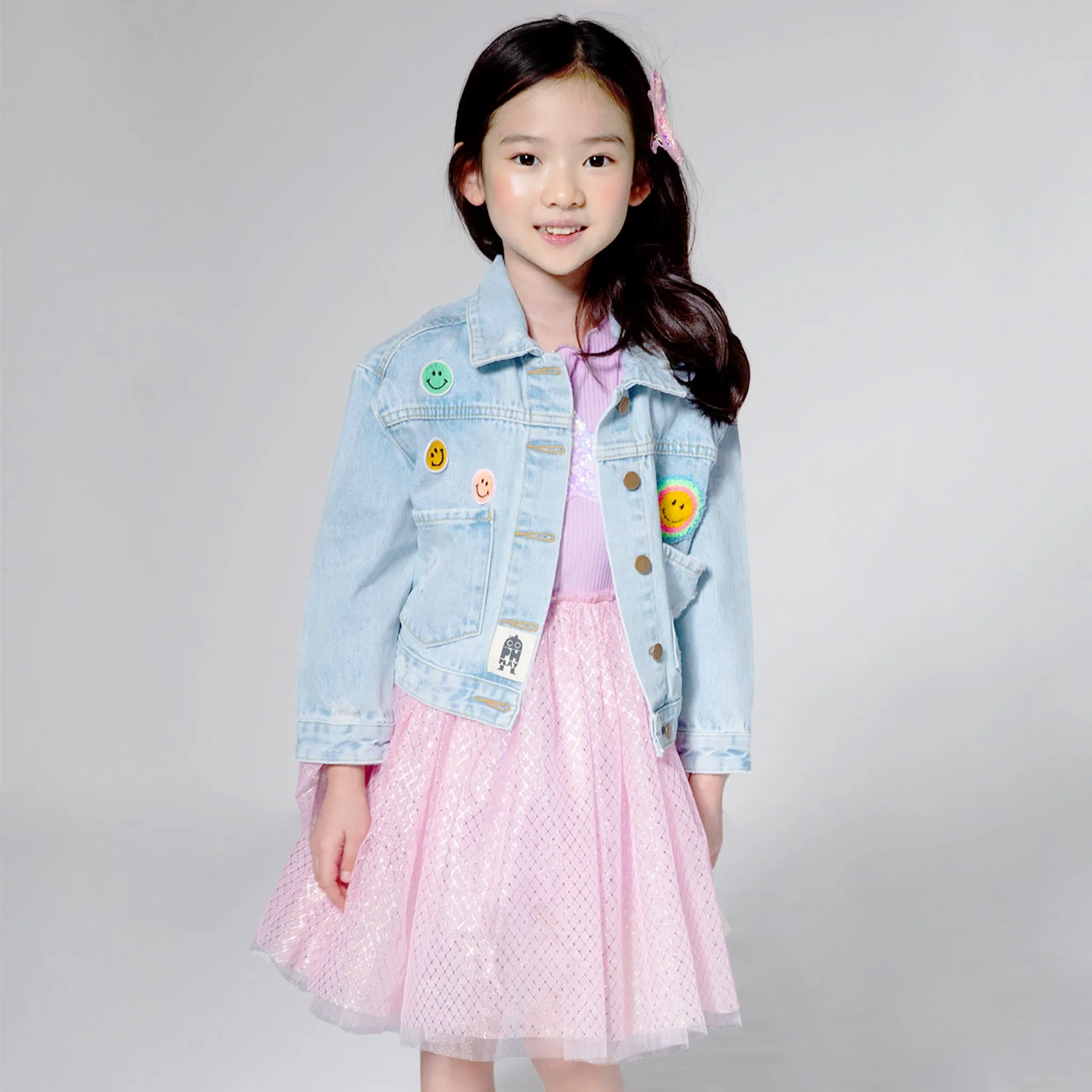 PETITE HAILEY MULTI SMILE PATCHED DENIM JACKET