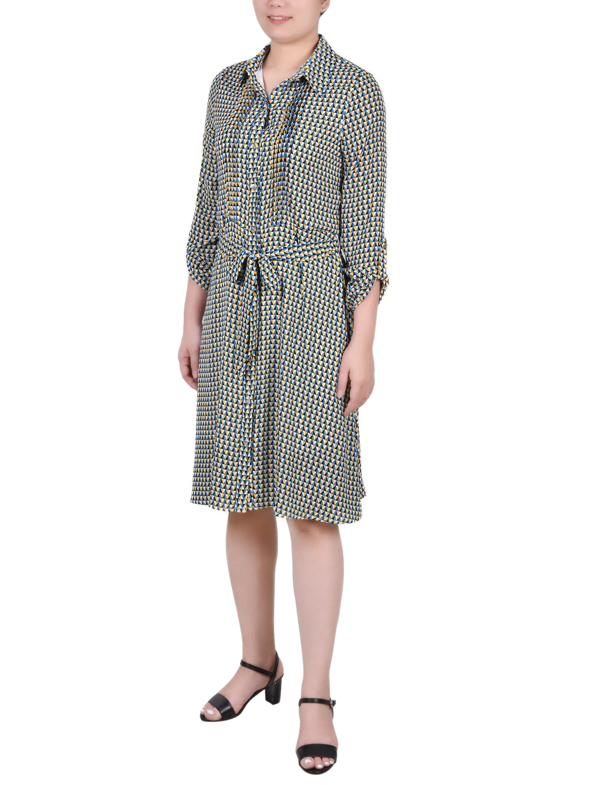 Petite Long Roll Tab Sleeve Dobby Dress