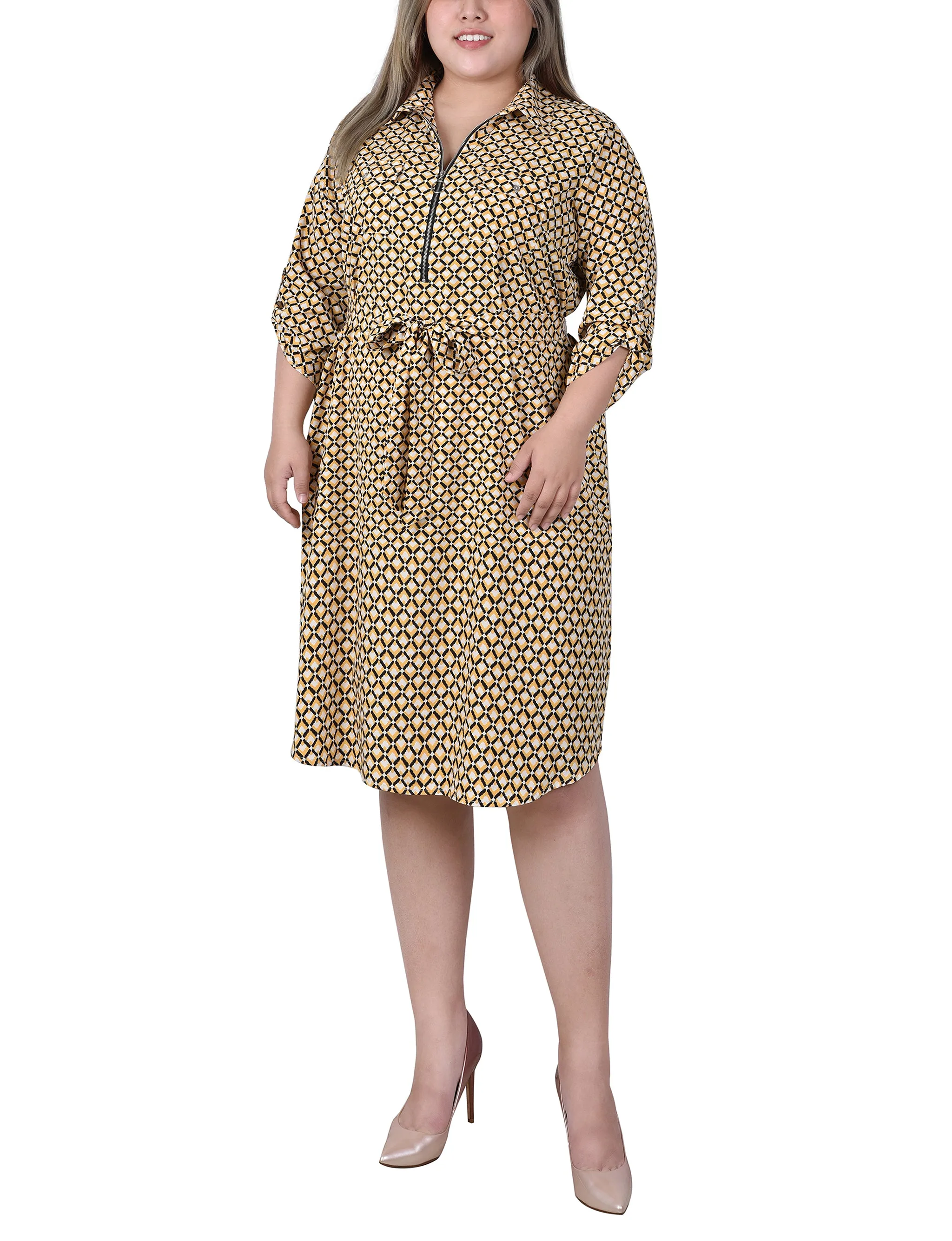 Plus Size 3/4 Roll Tab Zip Front Shirtdress