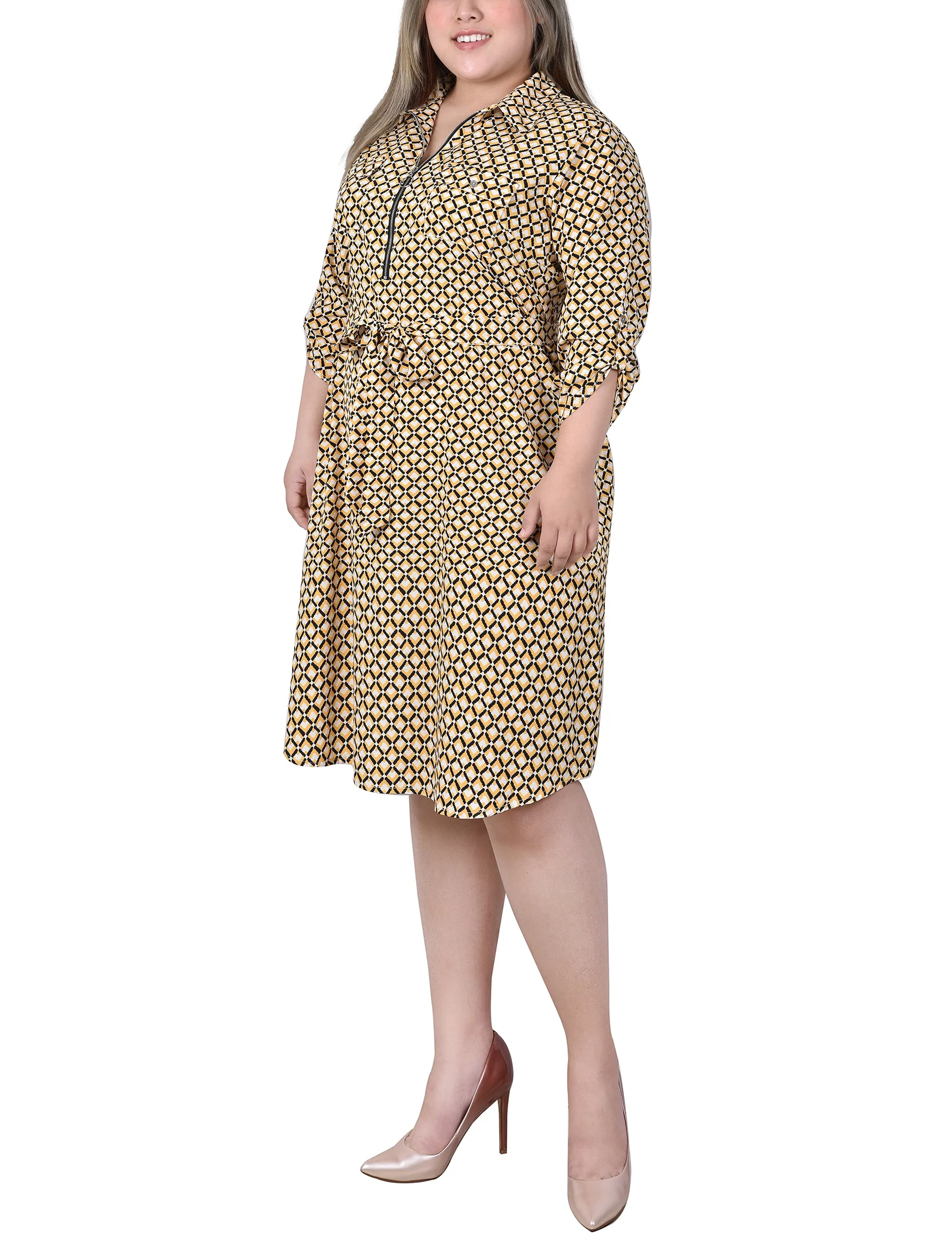 Plus Size 3/4 Roll Tab Zip Front Shirtdress