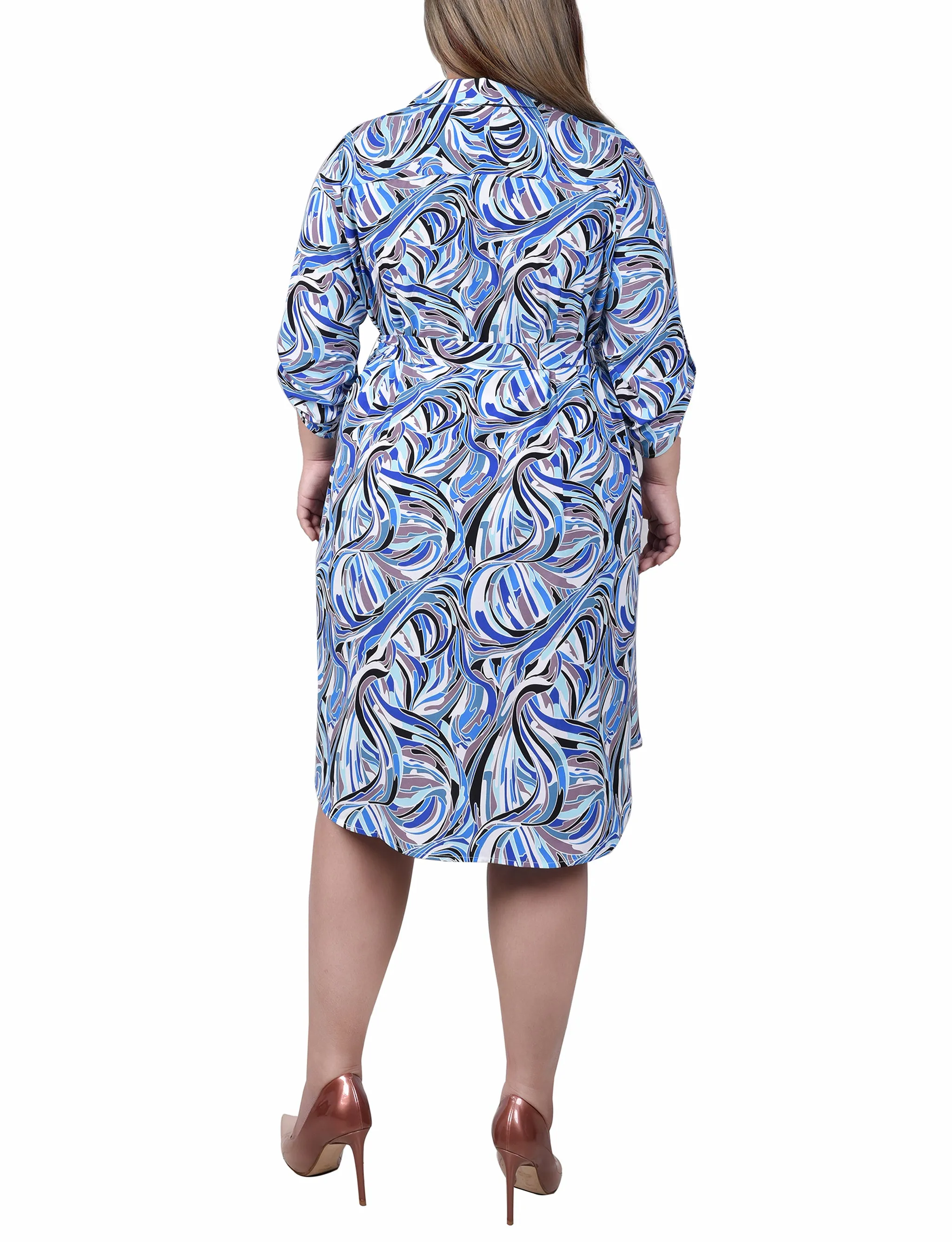 Plus Size 3/4 Roll Tab Zip Front Shirtdress