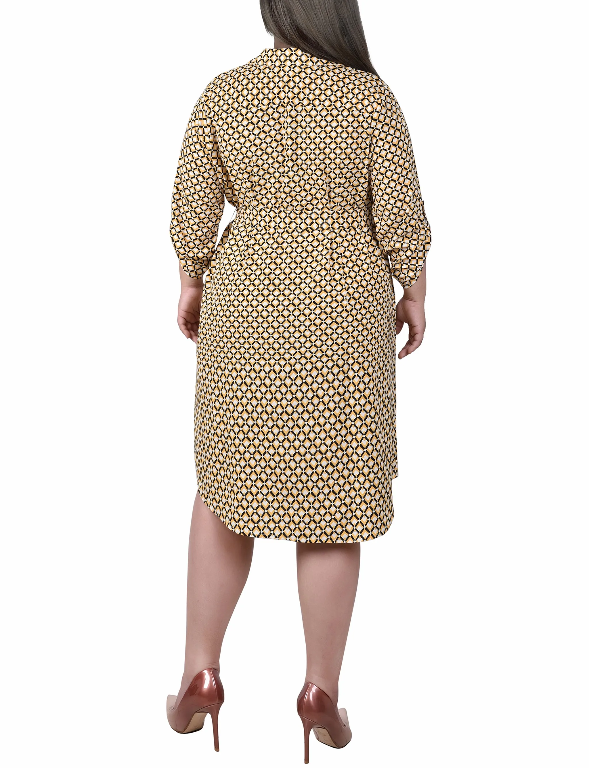 Plus Size 3/4 Roll Tab Zip Front Shirtdress