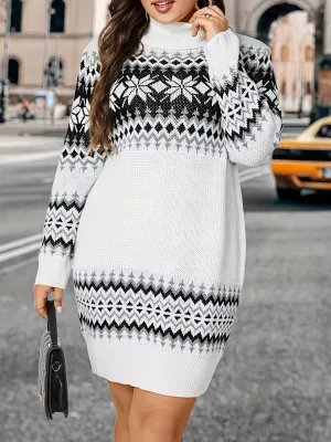 Plus Size Floral Pattern Turtle Neck Dress, Elegant Long Sleeve Slim Dress For Winter & Fall, Women's Plus Size Clothing