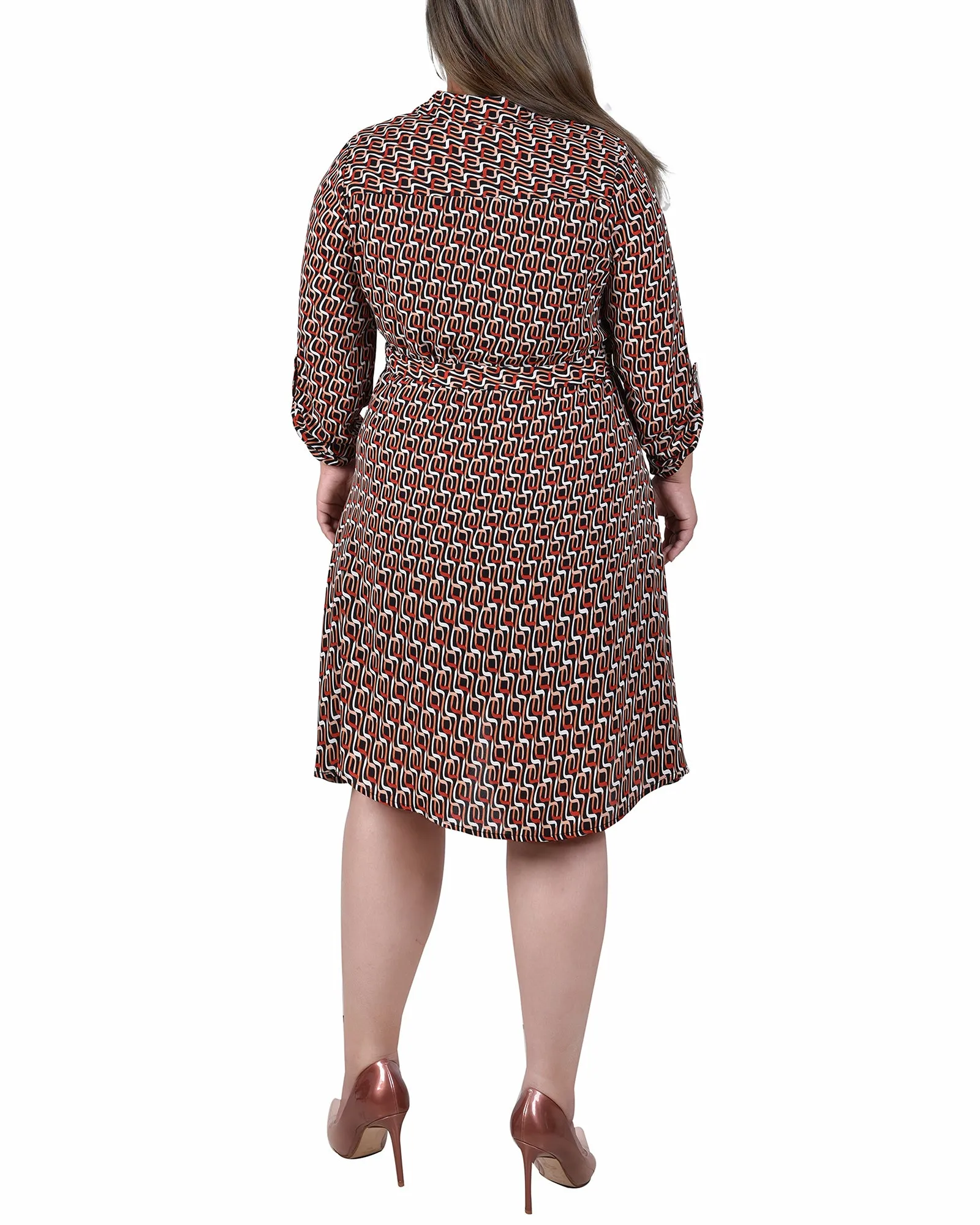 Plus Size Long Roll Tab Sleeve Dobby Dress