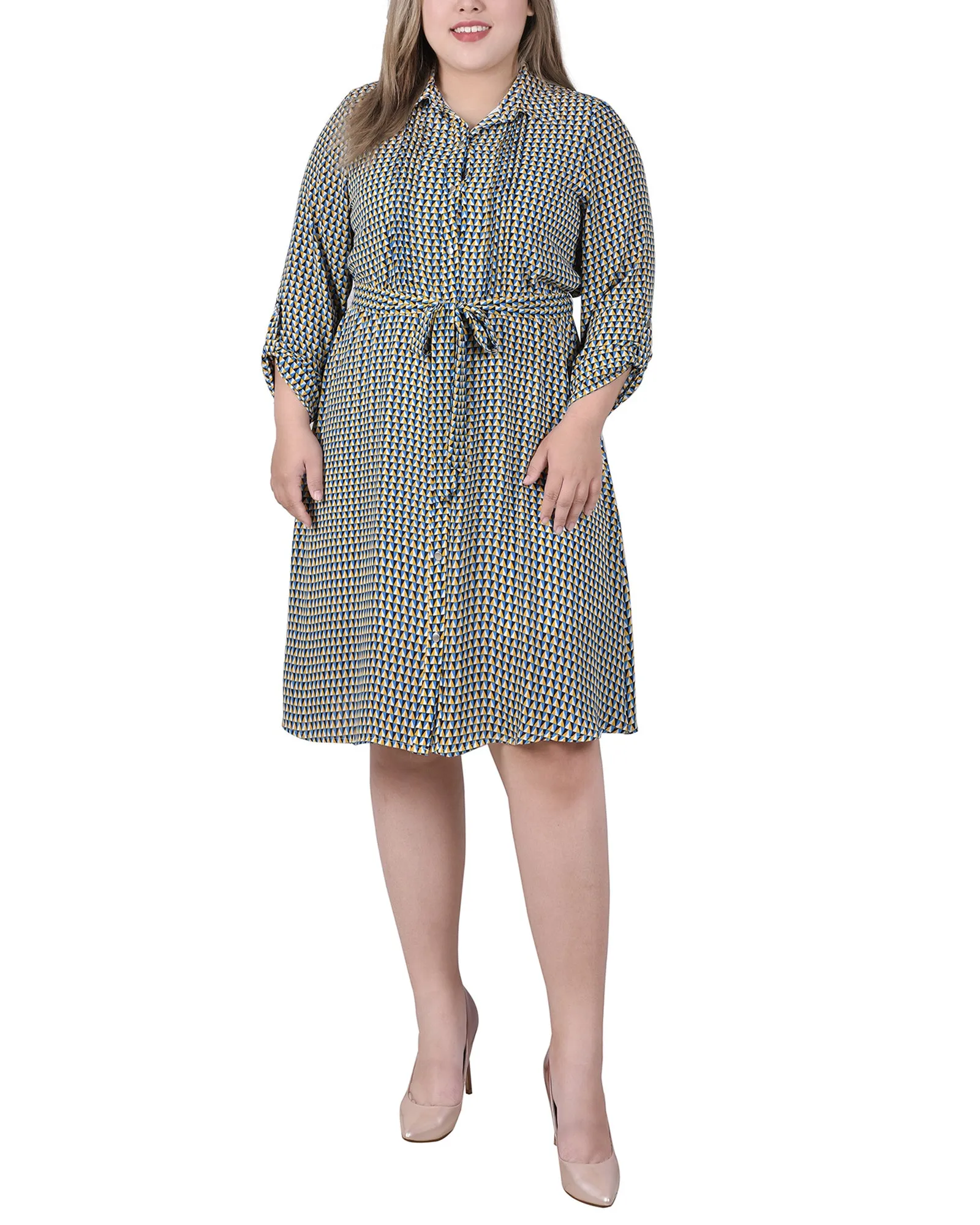 Plus Size Long Roll Tab Sleeve Dobby Dress