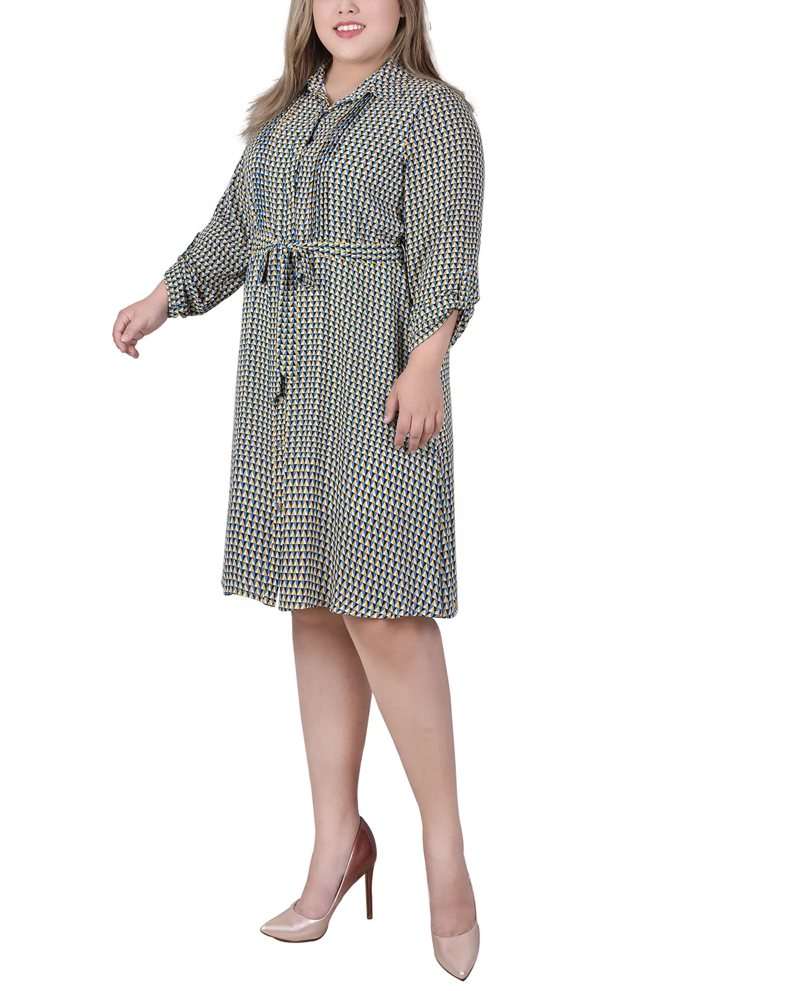 Plus Size Long Roll Tab Sleeve Dobby Dress