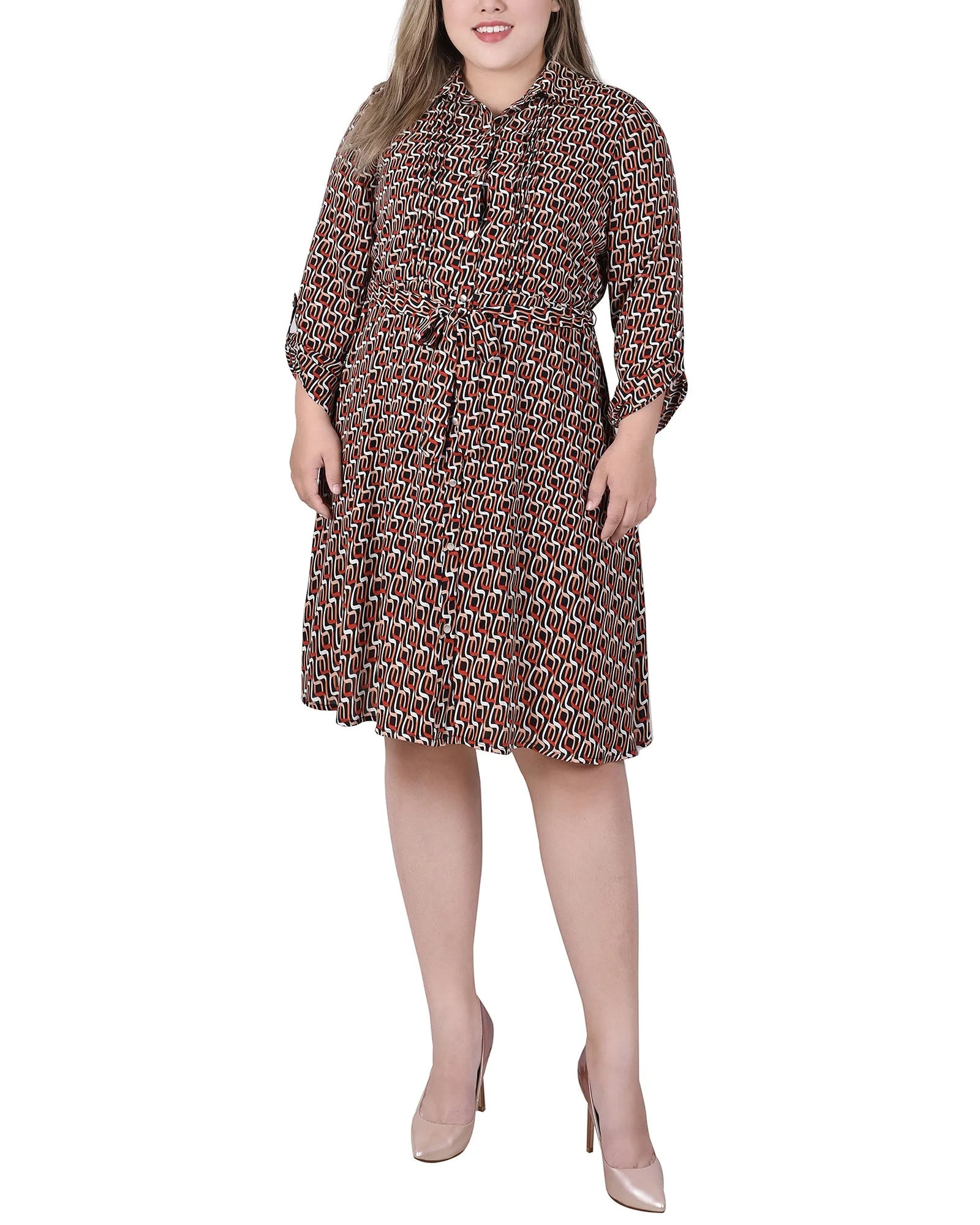 Plus Size Long Roll Tab Sleeve Dobby Dress