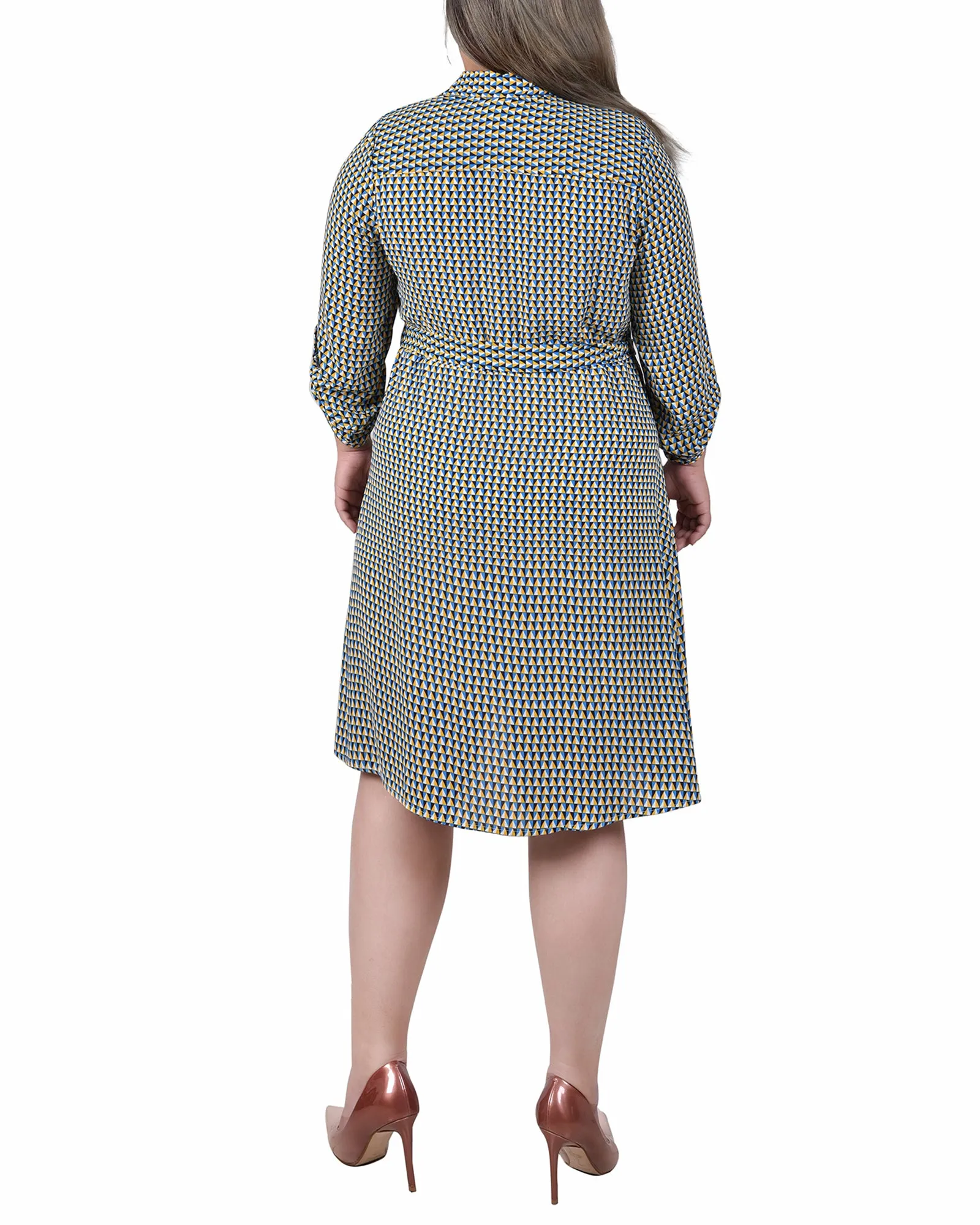 Plus Size Long Roll Tab Sleeve Dobby Dress