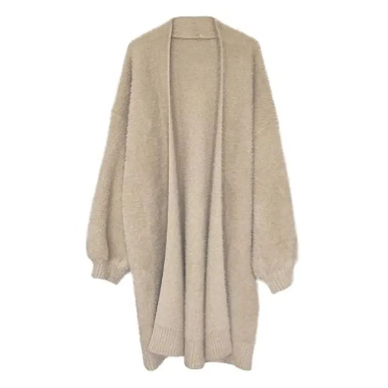 Plush Beige Gray Oversized Long Cardigan