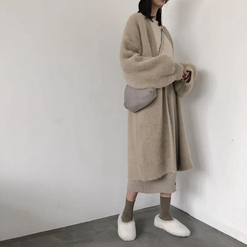 Plush Beige Gray Oversized Long Cardigan