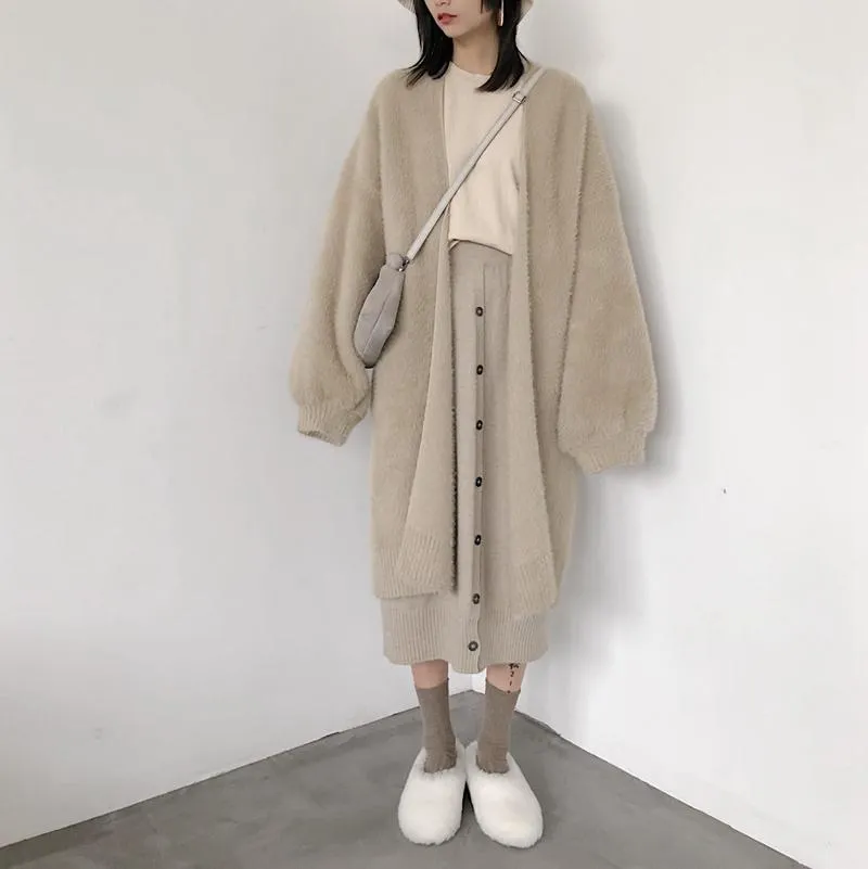 Plush Beige Gray Oversized Long Cardigan