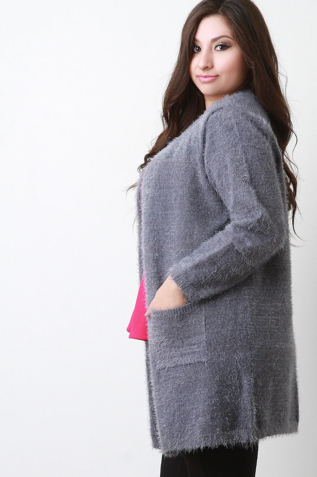 Plush Metallic Knit Pocket Cardigan