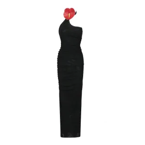 Pre Order:  Flower Hanging Neck Backless Mesh Black Dress