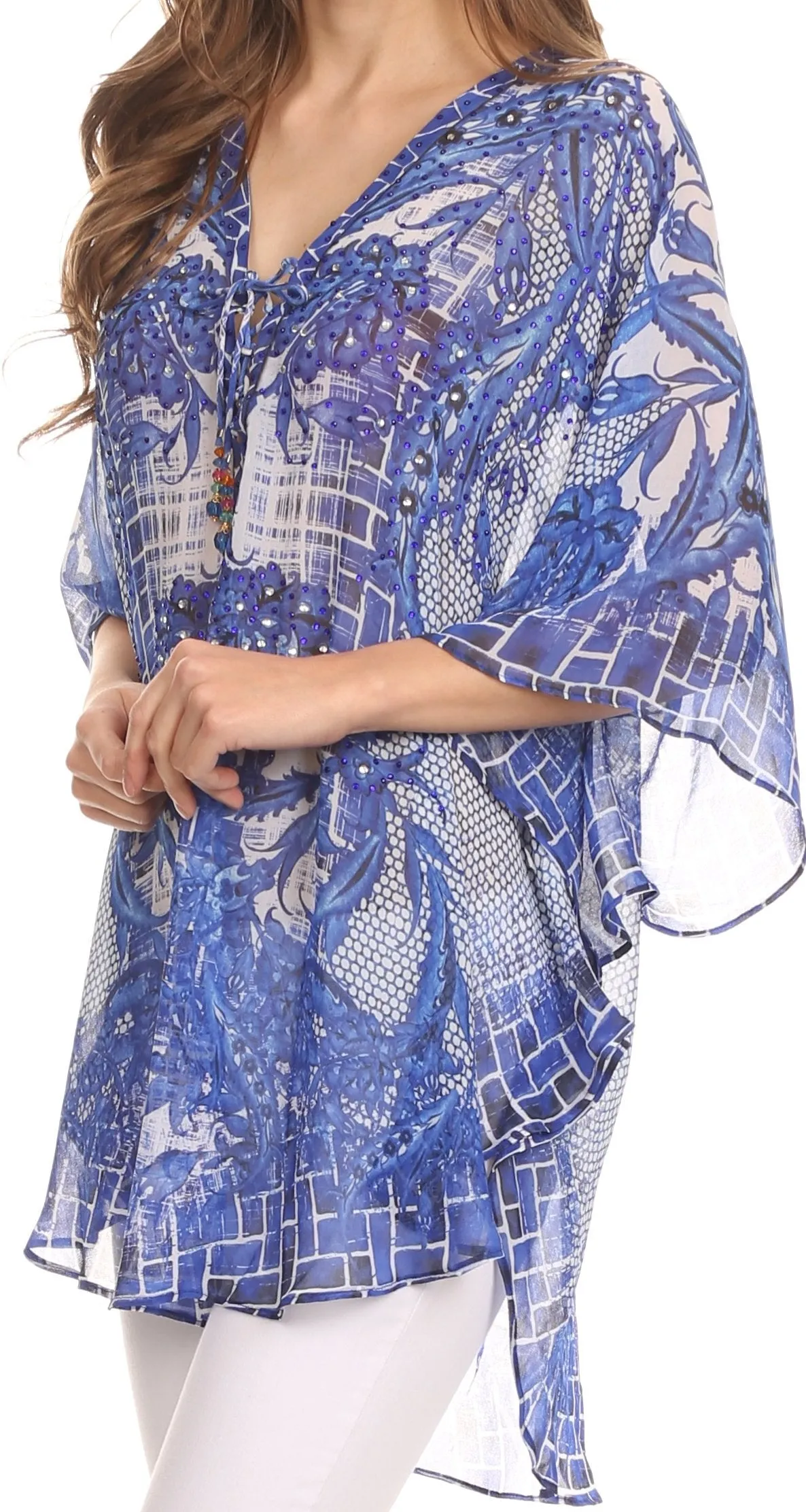 Sakkas Balloon Top Sloane Circle Poncho Top Blouse With Beaded Tassle Adjustable Neck Closure