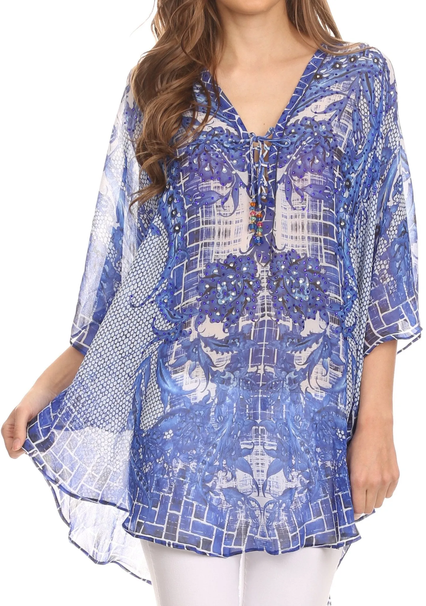 Sakkas Balloon Top Sloane Circle Poncho Top Blouse With Beaded Tassle Adjustable Neck Closure