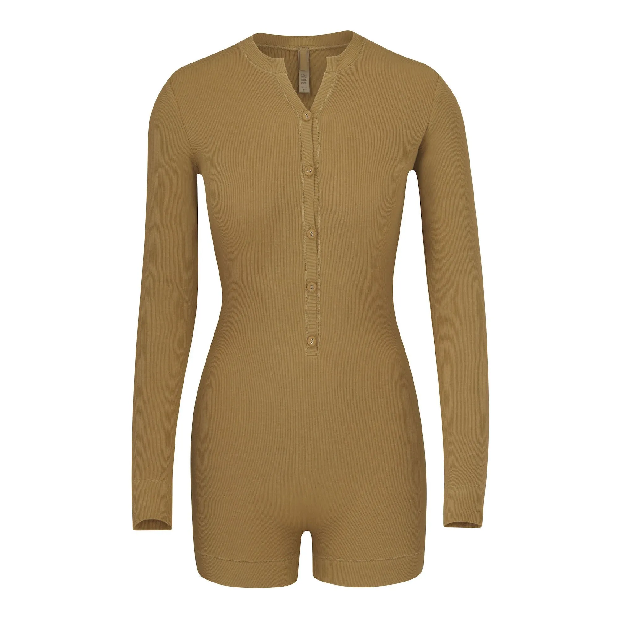 SOFT LOUNGE BUTTON UP HENLEY ONESIE | GOLD