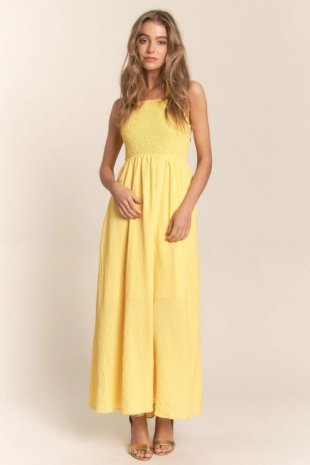 TEEK - Banana Texture Crisscross Back Tie Smocked Maxi Dress