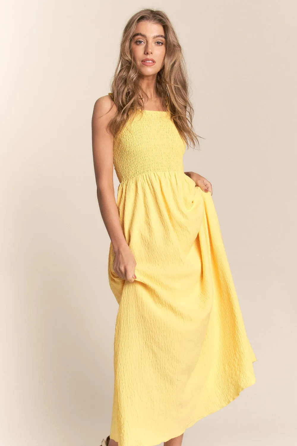 TEEK - Banana Texture Crisscross Back Tie Smocked Maxi Dress