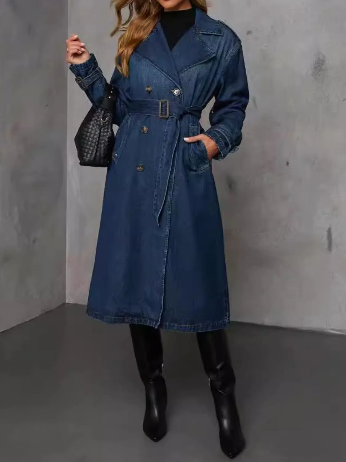 TEEK - Dark Button Up Long Sleeve Longline Denim Coat