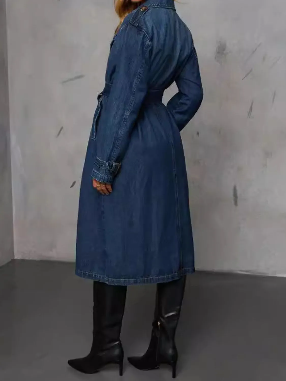 TEEK - Dark Button Up Long Sleeve Longline Denim Coat