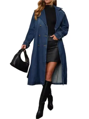 TEEK - Dark Button Up Long Sleeve Longline Denim Coat