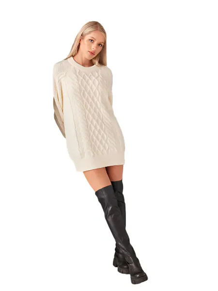 TEEK - Off White Oversized Crewneck Cable Knit Sweater Dress