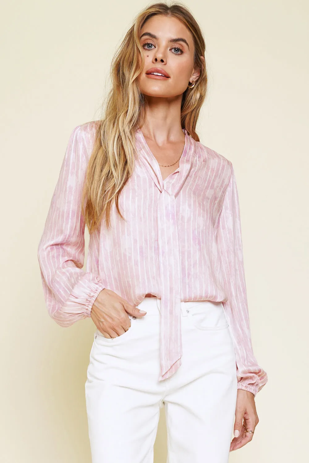 Tied Neck Flowy Striped Blouse