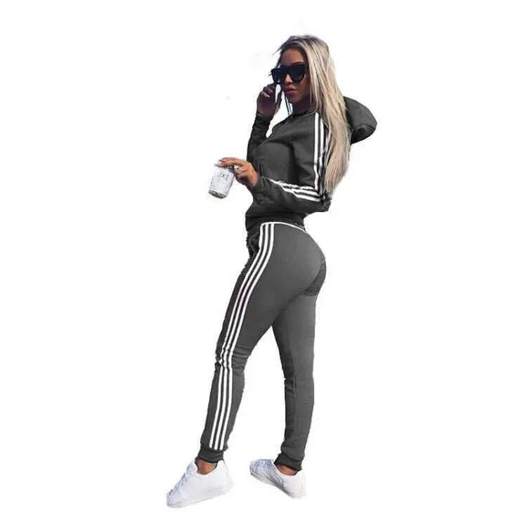 Triple Side Stripe Hooded Zip Jacket & Jogger Pants Sports Set