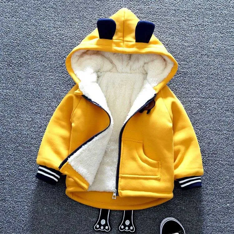 Unisex Cute Bear Cartoon Design Thick Fleece Hooded Jacket For Kids