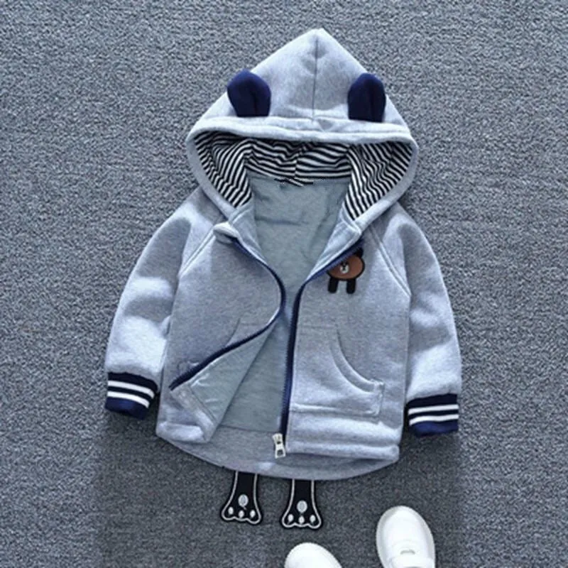 Unisex Cute Bear Cartoon Design Thick Fleece Hooded Jacket For Kids