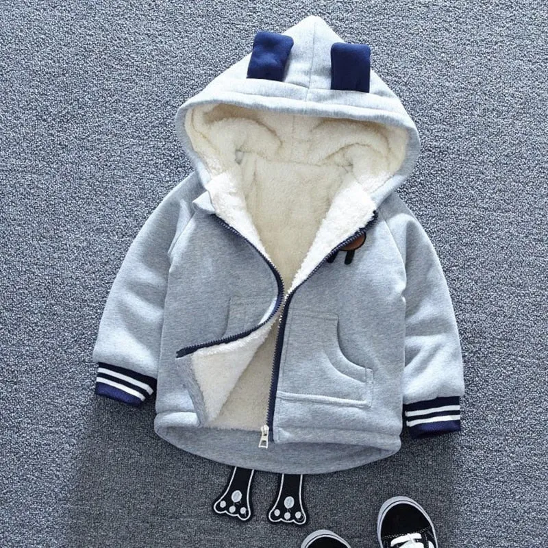 Unisex Cute Bear Cartoon Design Thick Fleece Hooded Jacket For Kids