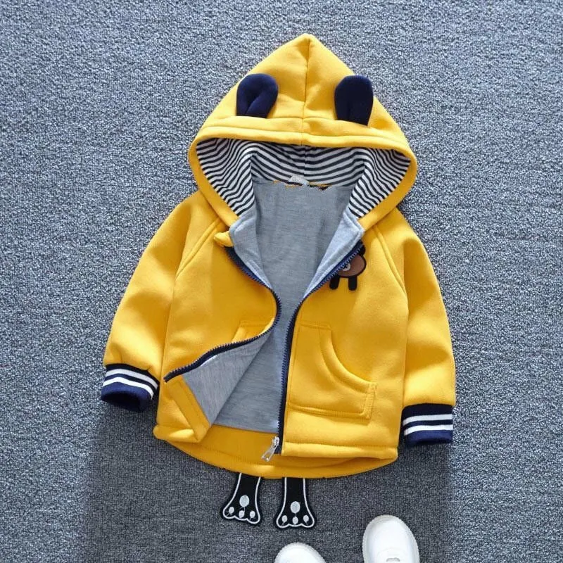 Unisex Cute Bear Cartoon Design Thick Fleece Hooded Jacket For Kids