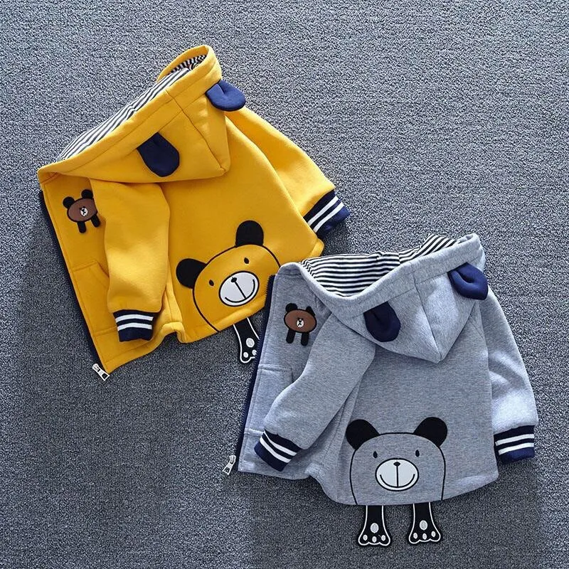 Unisex Cute Bear Cartoon Design Thick Fleece Hooded Jacket For Kids