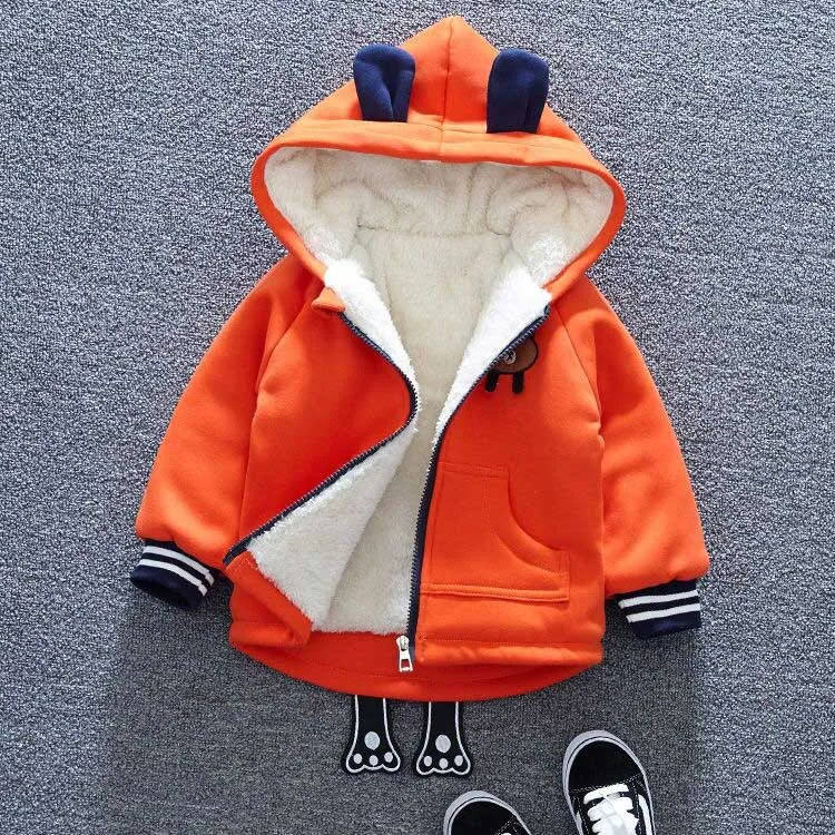 Unisex Cute Bear Cartoon Design Thick Fleece Hooded Jacket For Kids