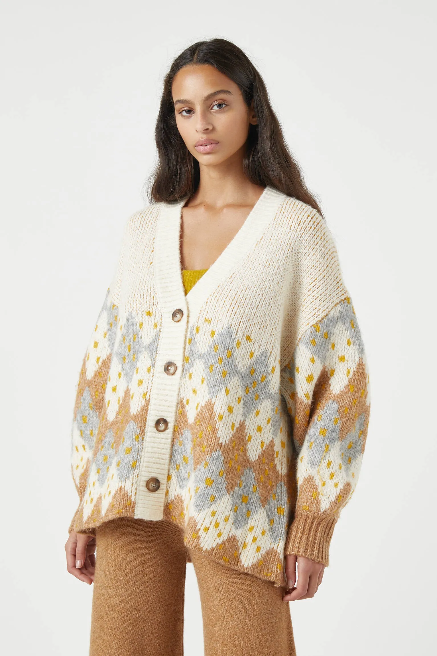 V-Neck Single-Breasted Jacquard Knit Cardigan Sweater