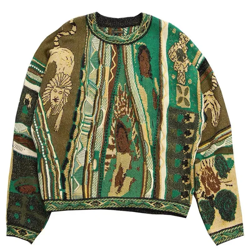 Vintage Knitted Sweater Green Printed Crew Neck Loose Casual Pullover