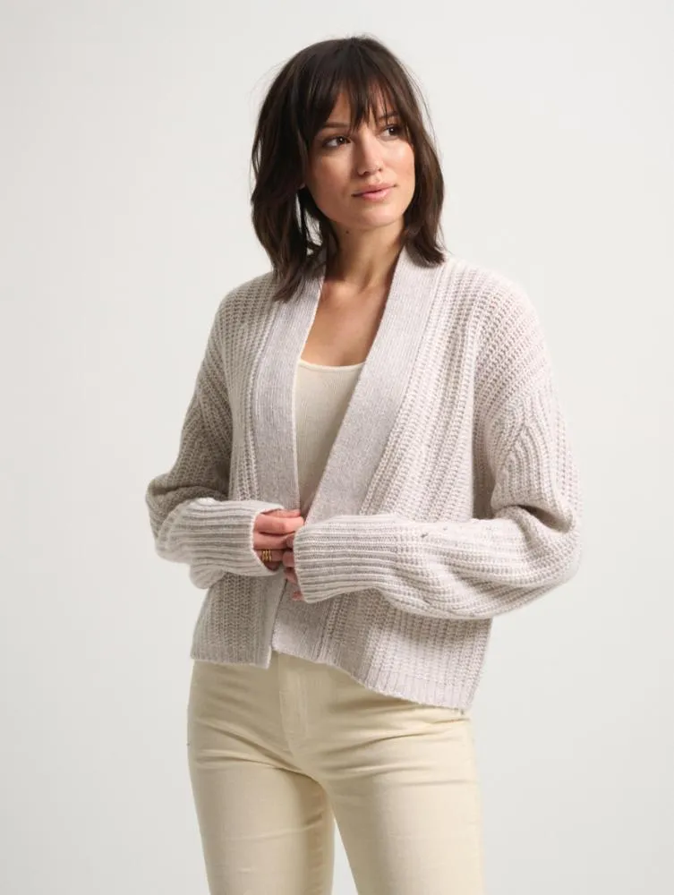 W W- Cashmere Air Plush Ribbed Open Cardigan in White Marl