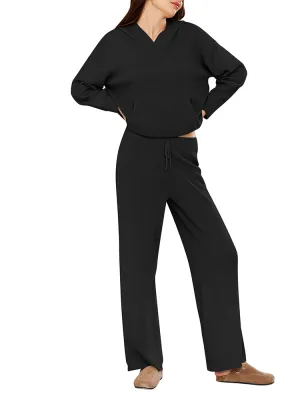 Women Pullover Hoodie Matching Wide Leg Pants Loose Knitted Sweatsuit with Pocket