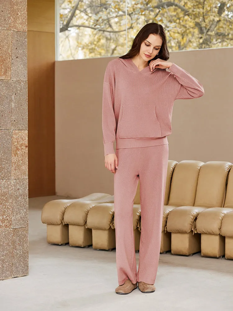 Women Pullover Hoodie Matching Wide Leg Pants Loose Knitted Sweatsuit with Pocket