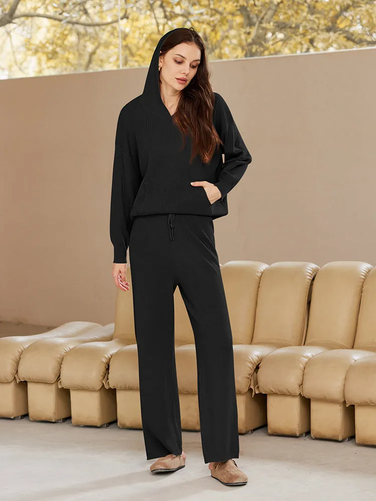 Women Pullover Hoodie Matching Wide Leg Pants Loose Knitted Sweatsuit with Pocket